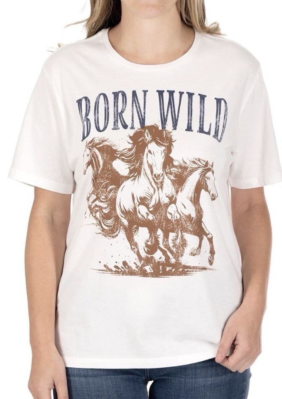State of Mine Women's White Graphic Tee Born Wild, Horses Size XS